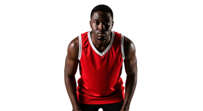 Portrait of a muscular man in a red and white tank top looking directly at the camera with a serious look - Powered by Adobe