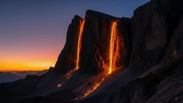 Dolomite Firefall: Illumination on Rocky Peaks at Dusk