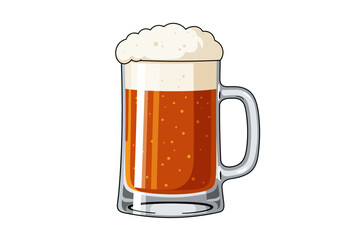 A beer mug is filled with amber liquid topped by white foam