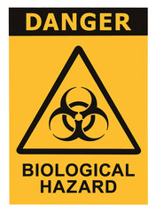 Yellow biological health hazard danger warning sign, large detailed isolated vertical contamination biohazard triangle icon symbol label macro closeup, black biohaz threat alert safety text sticker