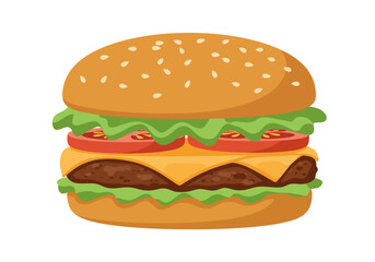 A cartoon burger with lettuce tomatoes cheese patty and a sesame seed bun