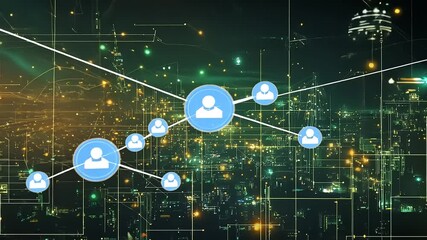 Abstract digital network illustration showcasing connections between users in a futuristic cityscape - Powered by Adobe