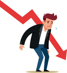 Businessman with declining red arrow graph showing financial loss or economic downturn vector illustration