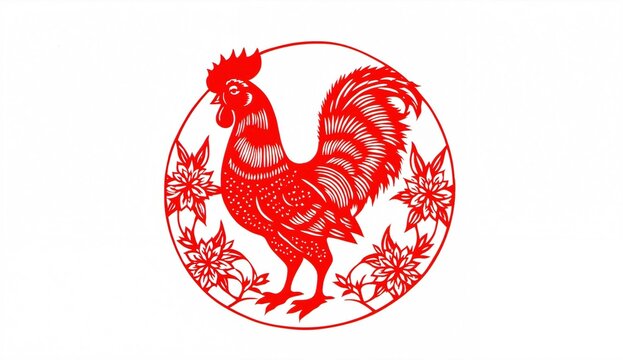 Red Rooster in Circular Frame with Floral Motifs - Powered by Adobe
