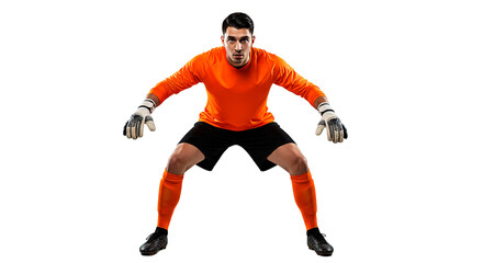 Obraz premium A goalkeeper in orange jersey and black shorts ready to defend the goal in a sports match game play