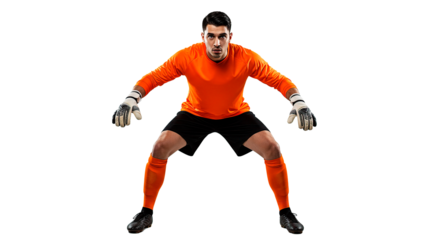 A goalkeeper in orange jersey and black shorts ready to defend the goal in a sports match game play