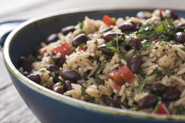 a close up of gallo pinto  the iconic rice and beans