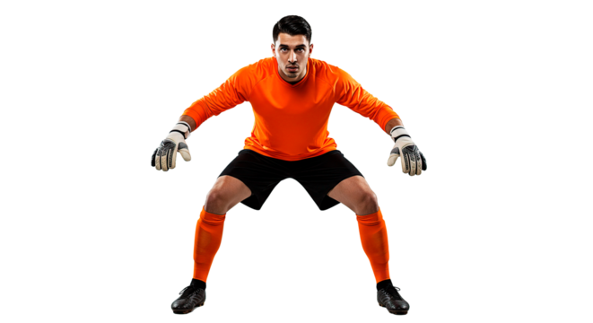 A goalkeeper in orange jersey and black shorts ready to defend the goal in a sports match game play