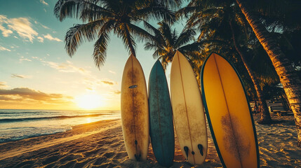Vintage Surfboards on a Tropical Beach Summer Vacation Concept, Generative AI
