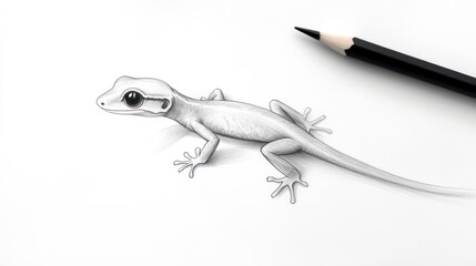 Naklejka premium A detailed grayscale pencil sketch of a gecko, positioned slightly off-center, with a pencil lying horizontally near the right edge, suggesting a work in progress