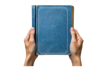 Hands holding open blue cover book isolated on a transparent background