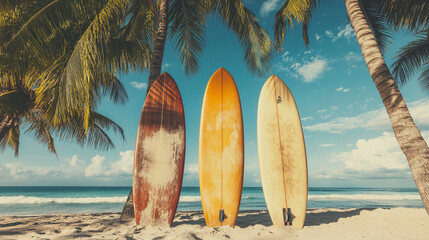 Vintage Surfboards on a Tropical Beach Summer Vacation Concept, Generative AI
