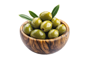 green olives in a wooden bowl isolated on a transparent background