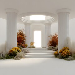 White architectural space with autumnal plants and steps.