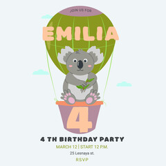 Invitation childrens birthday party with cute koala and number. Celebration fourth birthday. Greeting card template for children. Vector illustration.