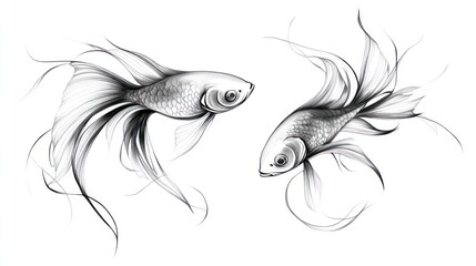 Two elegantly sketched fish swim in opposite directions with long flowing fins/tails
