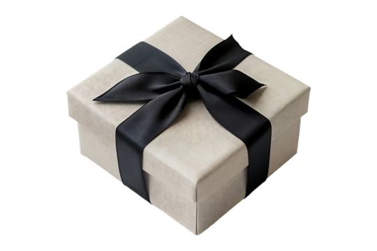 Gift box with black ribbon isolated on a transparent background