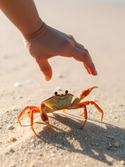 a fiddler crab on the sand raising an arm