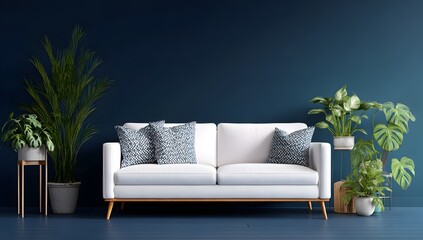 White couch with patterned cushions in a dark blue room with plants.