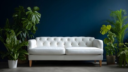 White sofa with lush greenery against a deep blue wall.
