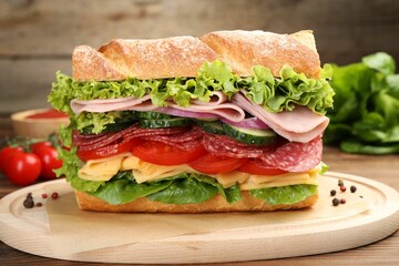 Tasty baguette sandwich with ham and vegetables on wooden table, closeup