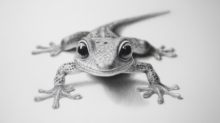 A highly detailed grayscale pencil drawing of a gecko, showcasing intricate texturing and realistic rendering of its scales, eyes, and limbs against a plain white background