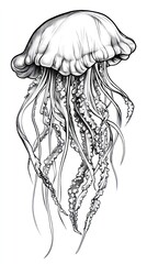 Detailed drawing of a jellyfish with flowing tentacles, in black and white ink