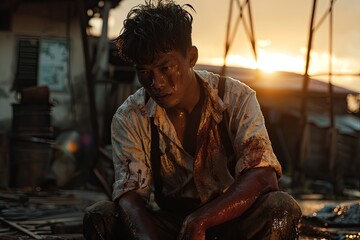 Obraz premium Emotional scene of a young man covered in dirt and blood at sunset, reflecting on his struggles in a challenging environment