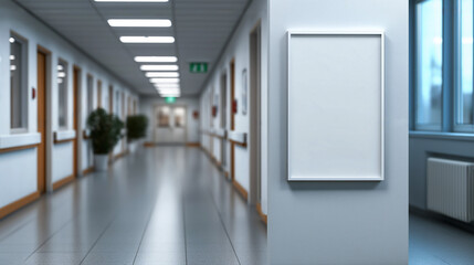 Empty vertical poster on wall next to empty hospital corridor, display advertisement