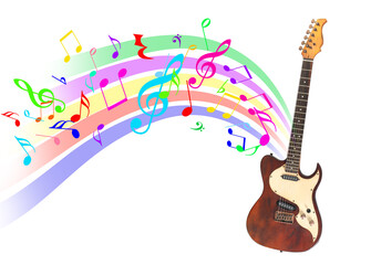 Electric guitar on white background. Colorful music notes and sound waves flowing from instrument