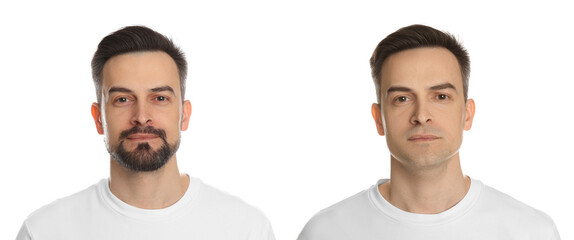 Handsome man before and after shaving on white background, collage of photos