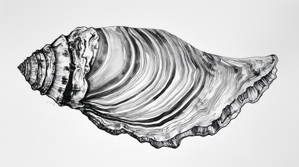 Detailed monochrome illustration of a seashell with intricate swirling patterns
