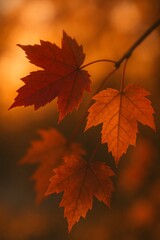 Obraz premium Close-up autumn leaves on tree illuminated by warm sunset golden light