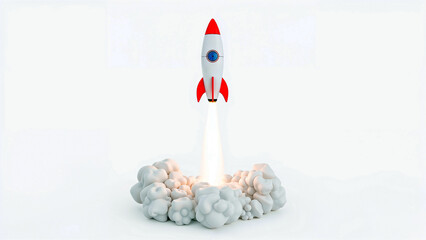 Vibrant 3d rocket launching against white background
