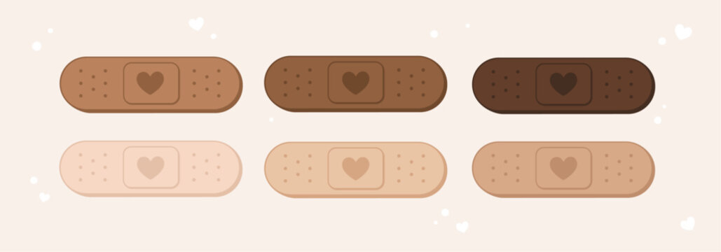 Cute skin tone bandaid vector illustrations. Inclusive cartoon graphic bandage set with hearts. Kids, pediatrics, healthcare, medical industry adhesive plaster. Isolated elements.