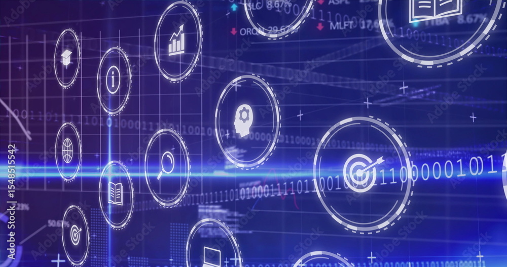Poster displaying circular icons moving across blue interface backdrop, with binary grid and light beam