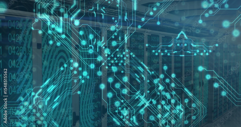 Poster operating row of server racks processing data in server room, with blinking leds, digital overlay
