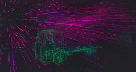 Floating wireframe semi-truck rising above virtual grid with neon data stream streaks, copy space