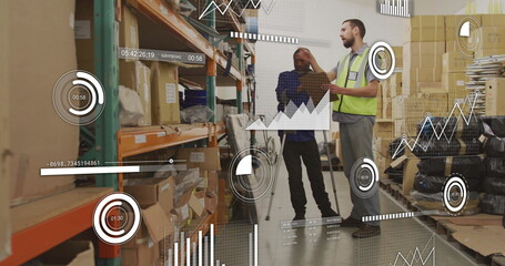 Reviewing inventory two workers wearing vest and plaid shirt in storage aisle, with data overlay