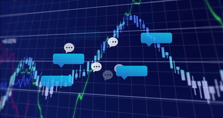 Displaying cyan speech bubbles with ellipsis in trading grid showing candlesticks, neon line graphs