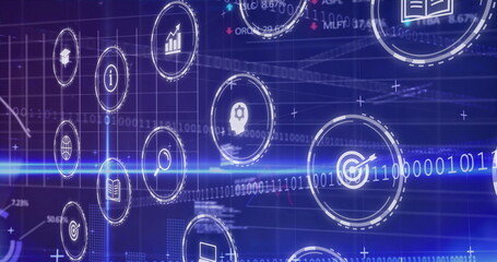 Displaying circular icons moving across blue interface backdrop, with binary grid and light beam