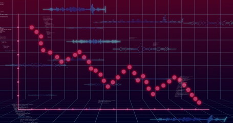 Displaying red data graph over magenta grid in analytics dashboard, showing blue waveforms