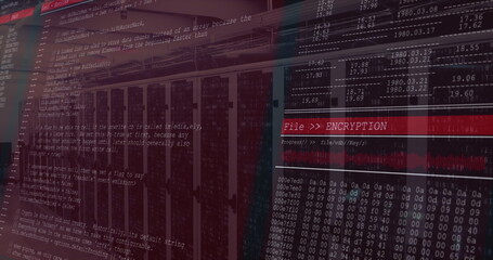 Running FileENCRYPTION banner over server racks with code overlay, hex dump, waveform, copy space