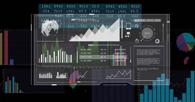 Displaying digital dashboard overlay on monitor screen, with globe icon, line graphs and bar charts