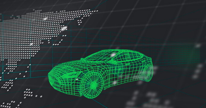 Fototapeta Displaying wireframe sports car model rotating on gray grid, with world map overlay, glowing nodes