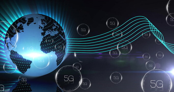 Naklejki Shining blue Earth globe displaying binary digits on left in futuristic network, with 5G bubbles