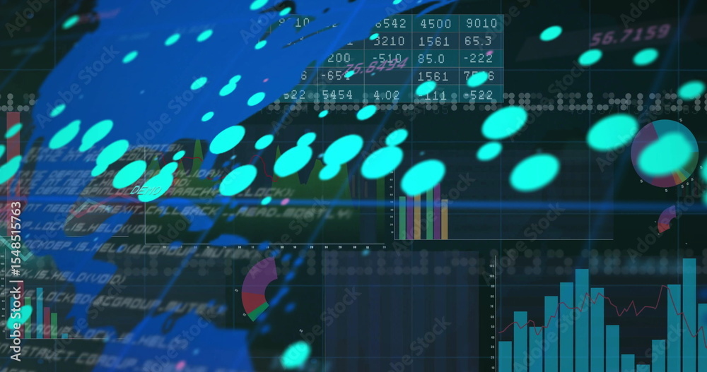 Poster displaying turquoise data points over dark interface, showing code, tables, charts, world map
