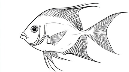 Hand-drawn tropical fish with flowing fins and intricate lines, side view, on white