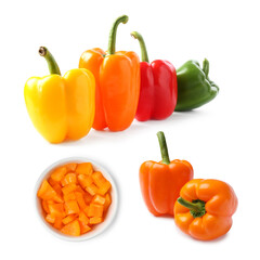 Fresh ripe bell peppers isolated on white, collage
