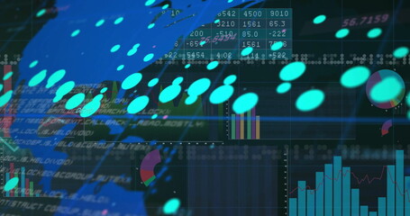 Displaying turquoise data points over dark interface, showing code, tables, charts, world map